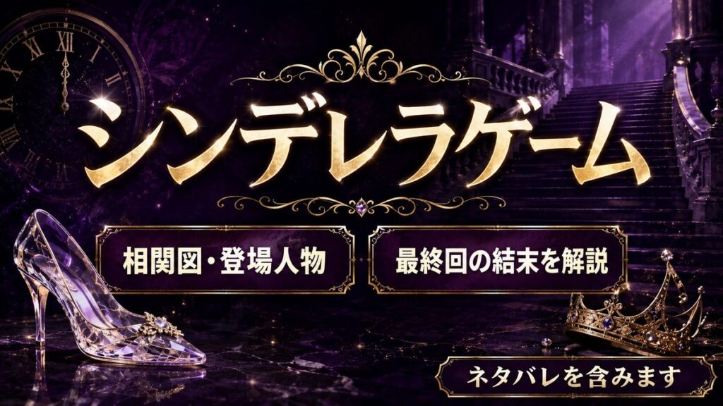 韓国ドラマ『シンデレラゲーム』の相関図と最終回解説記事のアイキャッチ画像。紫の宮殿の階段とガラスの靴、王冠を背景に「相関図・登場人物」「最終回の結末を解説」「ネタバレを含みます」と表示。