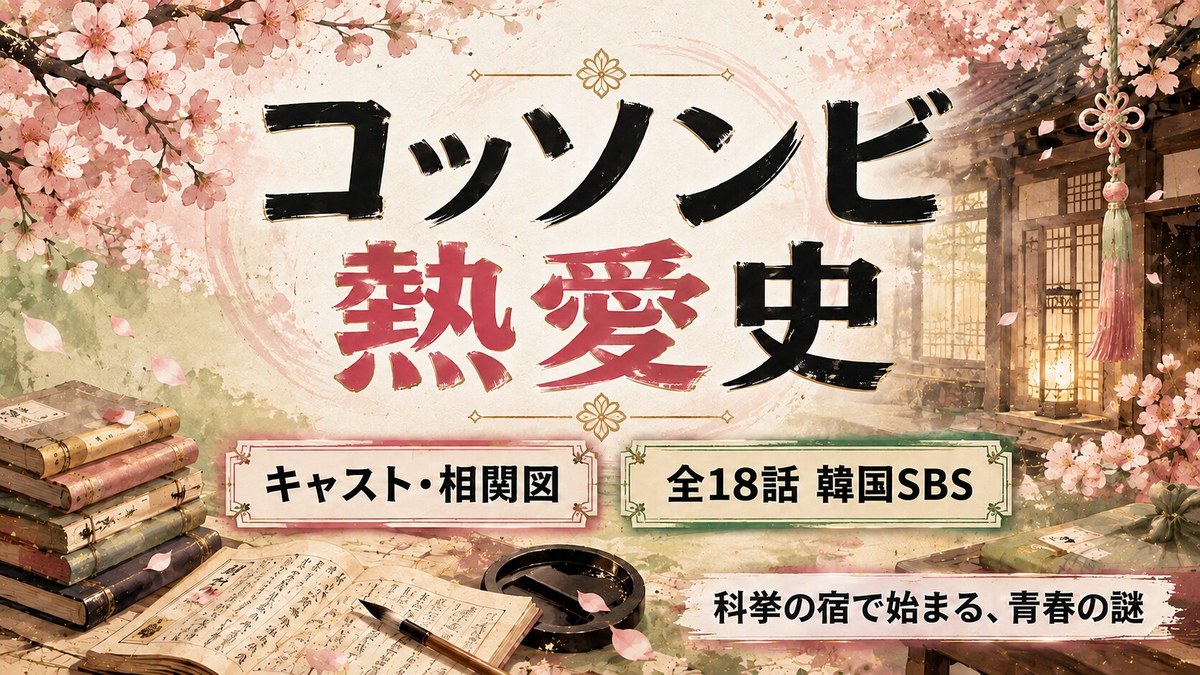 韓国ドラマ『コッソンビ熱愛史』のキャスト・相関図記事のアイキャッチ画像。桜が舞う韓屋の縁側に、積み重ねた古書と開いた書物・筆・硯が置かれている。「キャスト・相関図」「全18話 韓国SBS」「科挙の宿で始まる、青春の謎」の文字入り。
