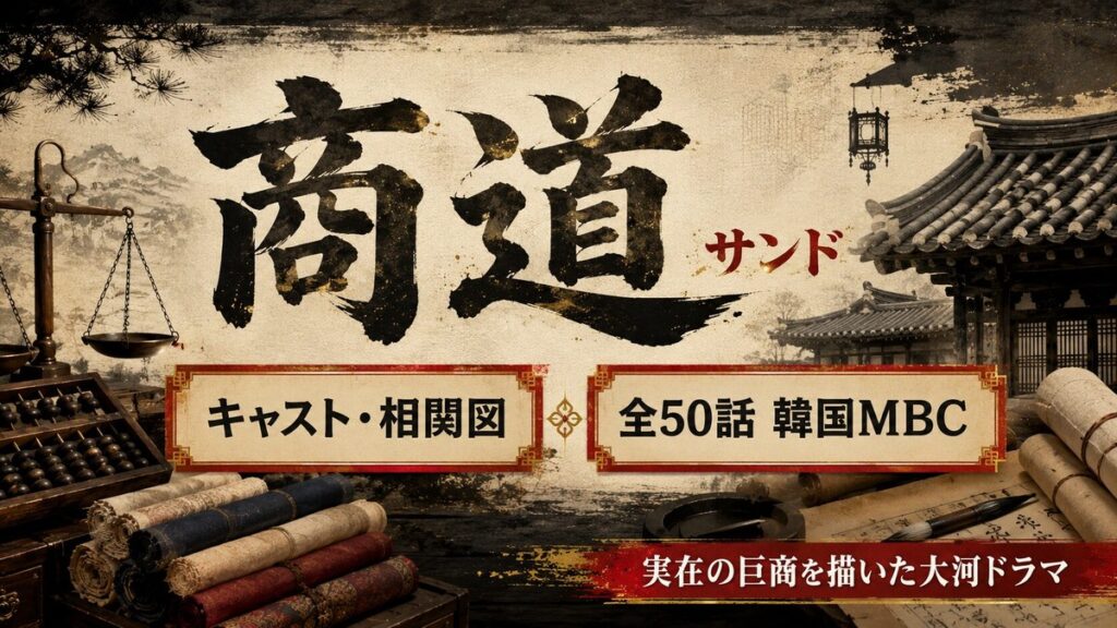 韓国ドラマ『商道（サンド）』のキャスト・相関図記事のアイキャッチ画像。和紙と水墨画、天秤とそろばんを背景に筆文字で「商道 サンド」「キャスト・相関図」「全50話 韓国MBC」「実在の巨商を描いた大河ドラマ」と表示。