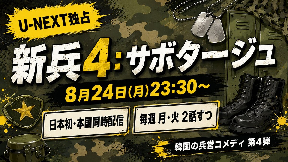 韓国ドラマ『新兵4：サボタージュ』のアイキャッチ画像。迷彩柄と兵舎のロッカー、ドッグタグ、軍用ブーツを背景にしたミリタリーグリーンのバナー。「U-NEXT独占」「新兵4：サボタージュ」「8月24日(月)23:30〜」「日本初・本国同時配信」「毎週 月・火 2話ずつ」「韓国の兵営コメディ 第4弾」と書かれている。
